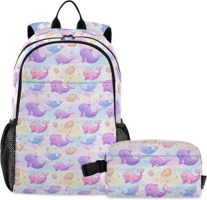 Kids Backpack Cute Purple Dolphin Pattern Boys Girls School Backpack with Lunch Bag Bookbag Set