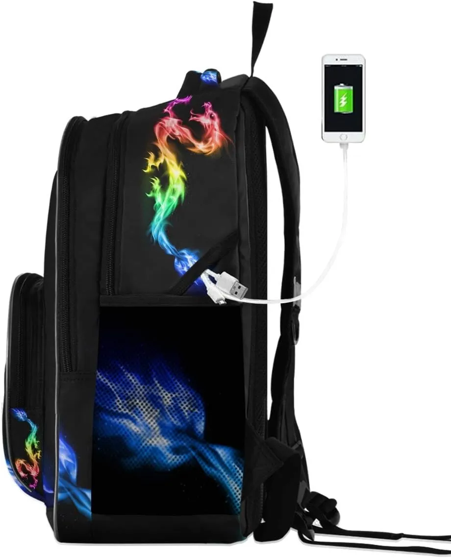 Kids Backpack Fire Rainbow Dragon Three Layer Arc Bookbag for Boys Girls Elementary School Casual Travel Bag Laptop Daypack