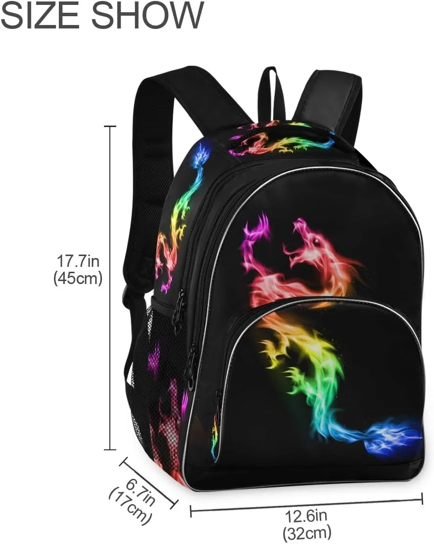 Kids Backpack Fire Rainbow Dragon Three Layer Arc Bookbag for Boys Girls Elementary School Casual Travel Bag Laptop Daypack