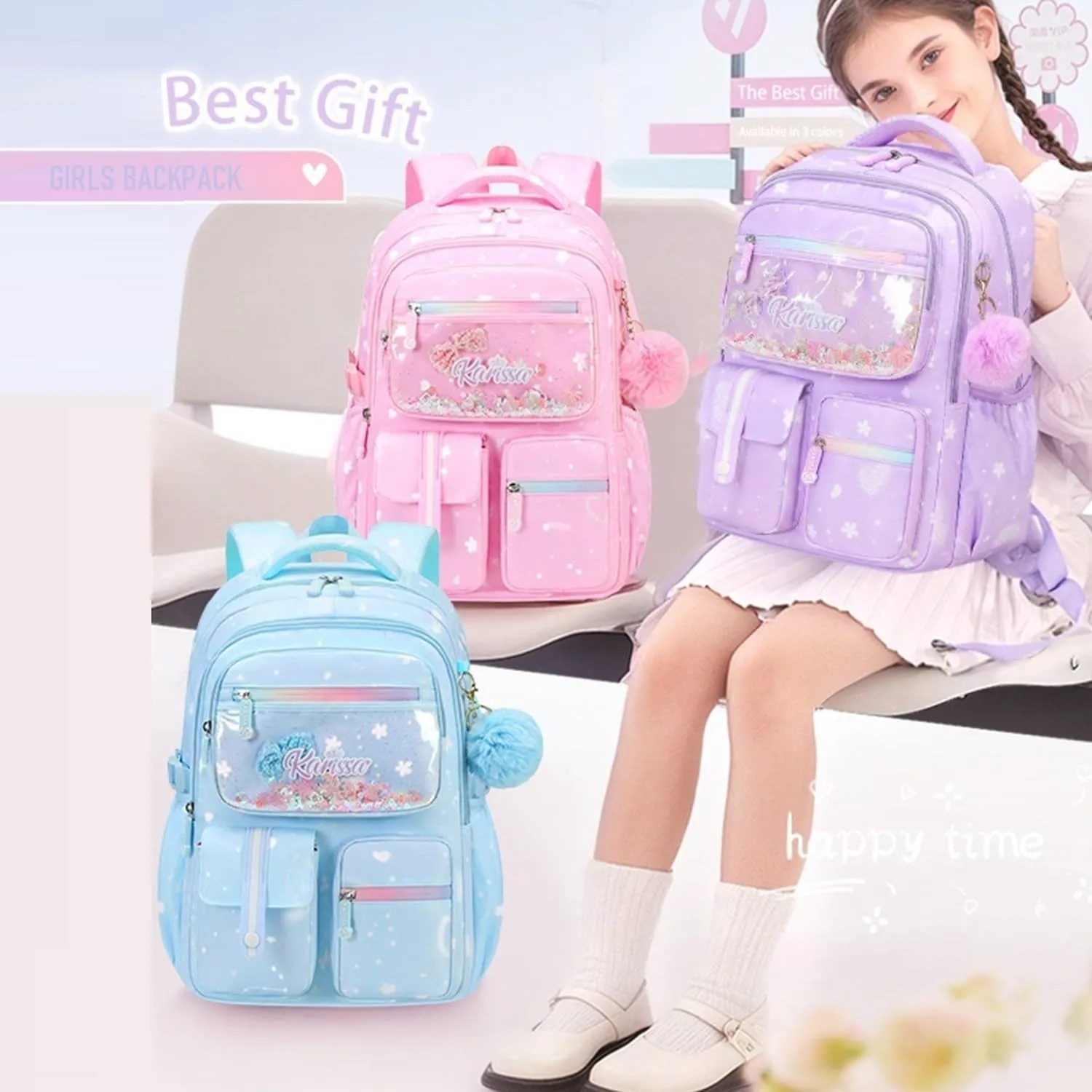 Kids Backpack for Girls Bookbag for Elementary School Pre Girls School Bag Water Resistant Blue