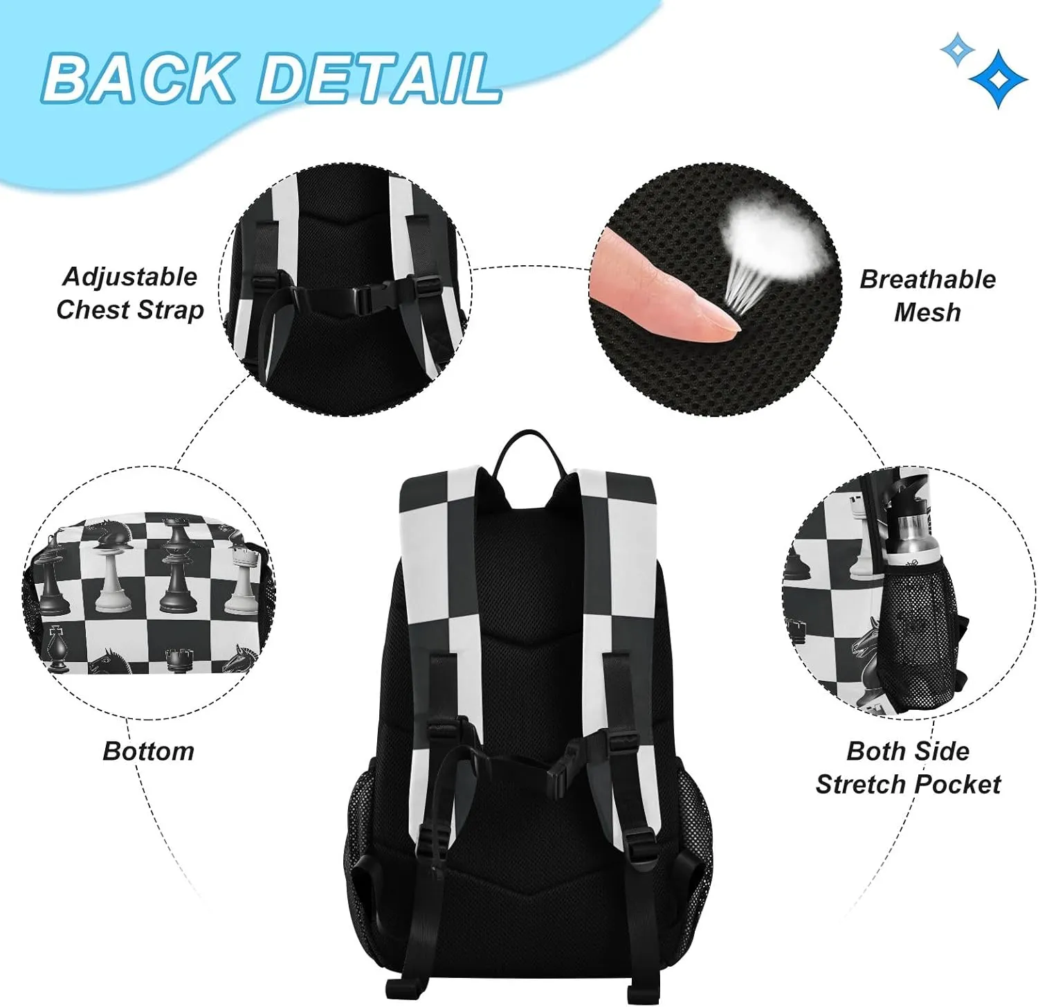 Kids Backpack White and Black Chess Pattern Boys Girls School Backpack with Lunch Bag Bookbag Set