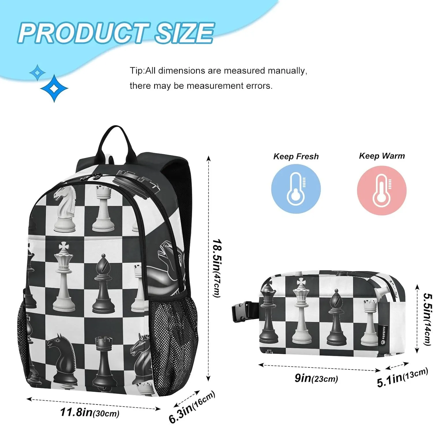 Kids Backpack White and Black Chess Pattern Boys Girls School Backpack with Lunch Bag Bookbag Set