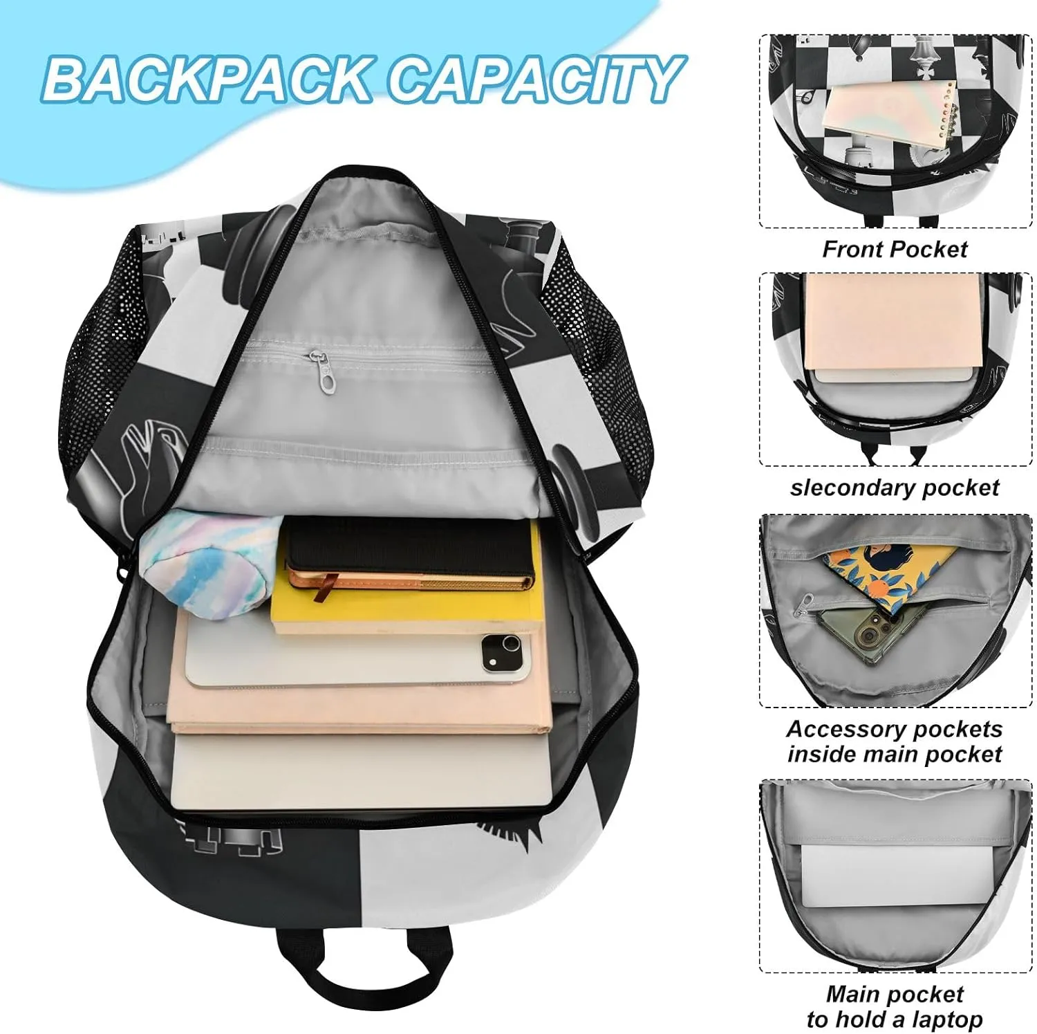 Kids Backpack White and Black Chess Pattern Boys Girls School Backpack with Lunch Bag Bookbag Set