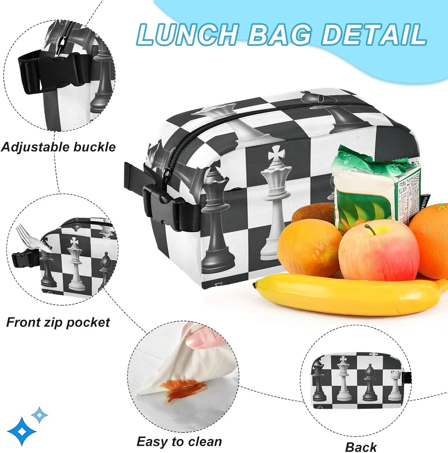 Kids Backpack White and Black Chess Pattern Boys Girls School Backpack with Lunch Bag Bookbag Set
