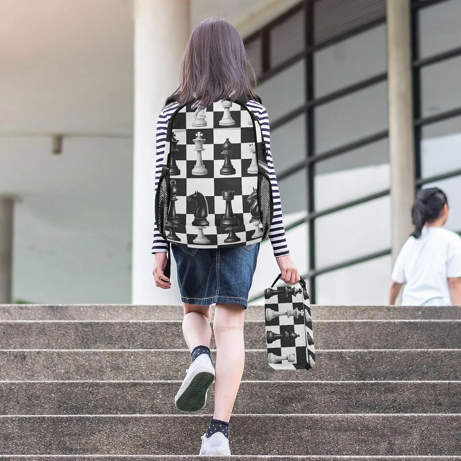 Kids Backpack White and Black Chess Pattern Boys Girls School Backpack with Lunch Bag Bookbag Set