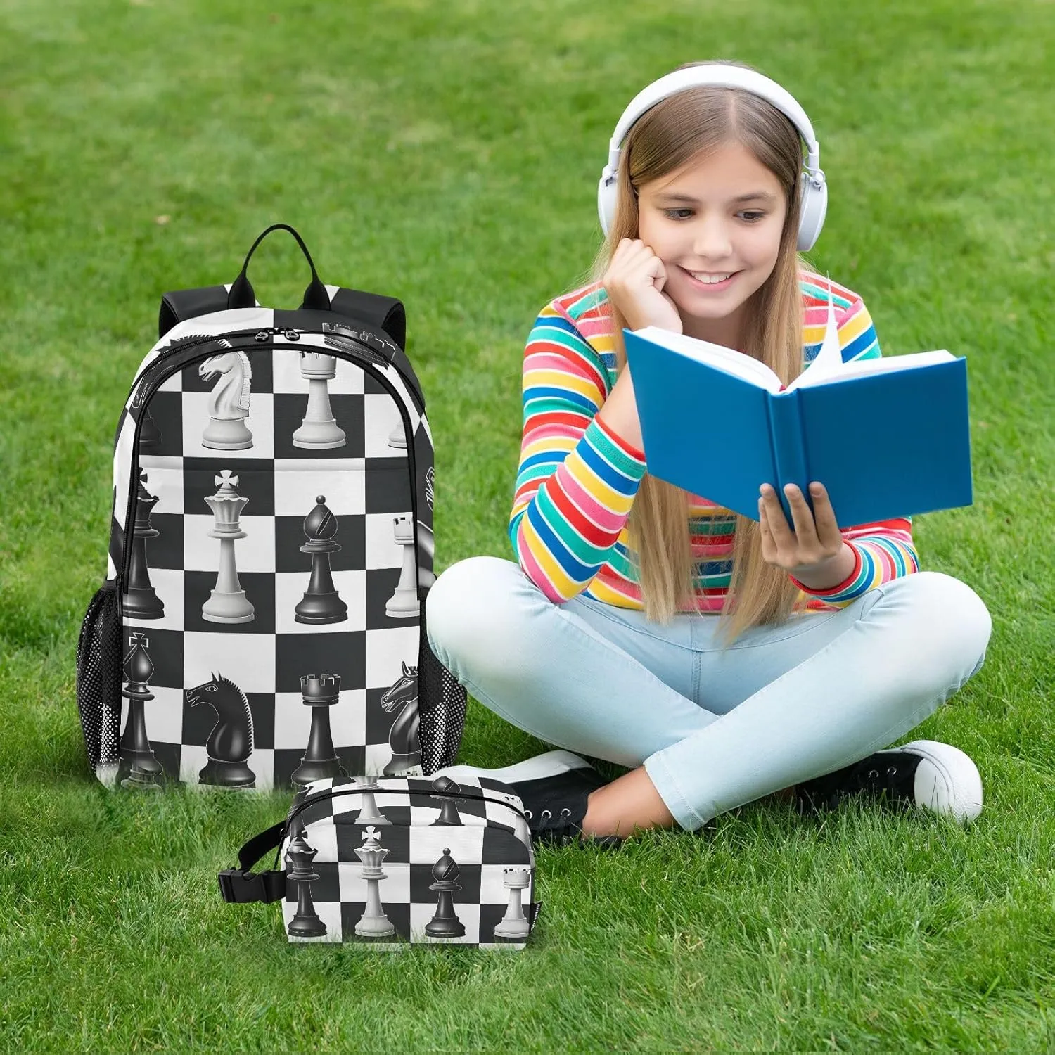 Kids Backpack White and Black Chess Pattern Boys Girls School Backpack with Lunch Bag Bookbag Set