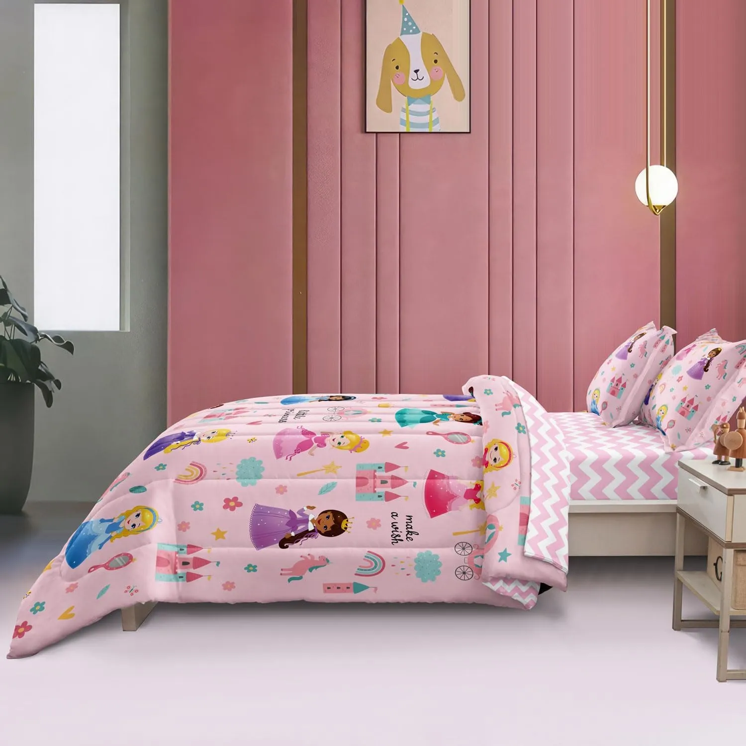 Kids Magical Princess Comforter Set Bed in a Bag Twin Size- 5 Piece Soft Cute Castle Bedding Set for Girls (1 Comforter, 1 Flat Sheet, 1 Fitted Sheet, 2 Pillowcases), Pink