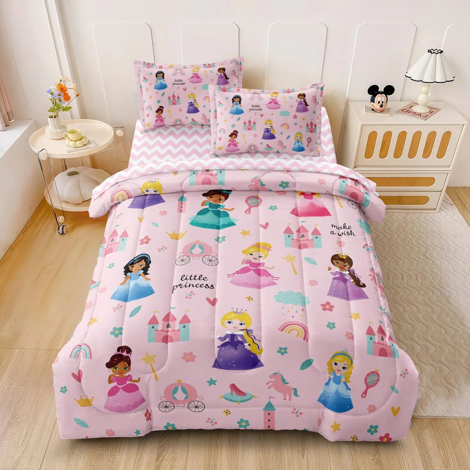 Kids Magical Princess Comforter Set Bed in a Bag Twin Size- 5 Piece Soft Cute Castle Bedding Set for Girls (1 Comforter, 1 Flat Sheet, 1 Fitted Sheet, 2 Pillowcases), Pink