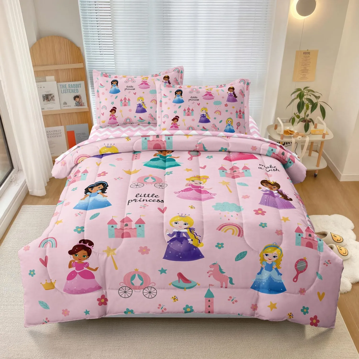 Kids Magical Princess Comforter Set Bed in a Bag Twin Size- 5 Piece Soft Cute Castle Bedding Set for Girls (1 Comforter, 1 Flat Sheet, 1 Fitted Sheet, 2 Pillowcases), Pink