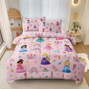 Kids Magical Princess Comforter Set Bed in a Bag Twin Size- 5 Piece Soft Cute Castle Bedding Set for Girls (1 Comforter, 1 Flat Sheet, 1 Fitted Sheet, 2 Pillowcases), Pink