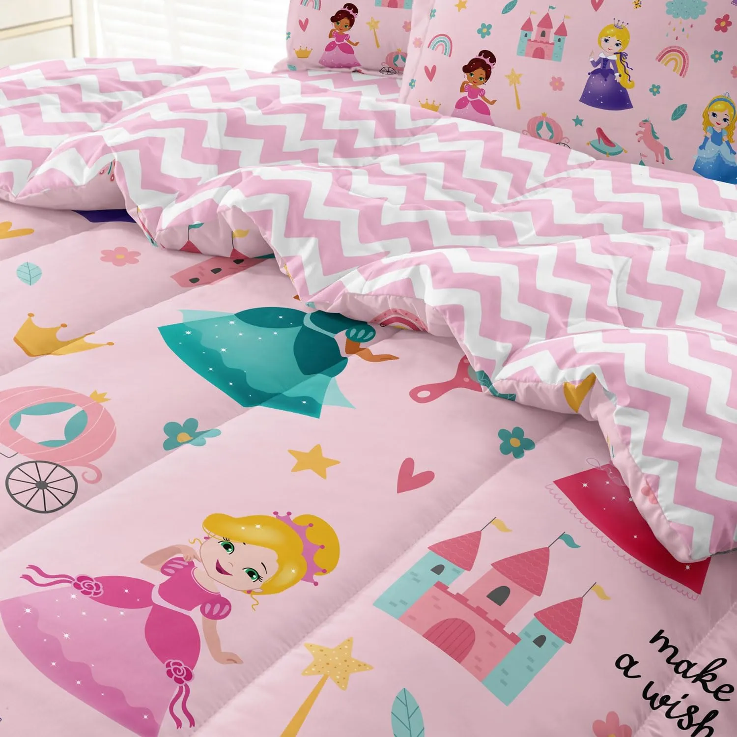 Kids Magical Princess Comforter Set Bed in a Bag Twin Size- 5 Piece Soft Cute Castle Bedding Set for Girls (1 Comforter, 1 Flat Sheet, 1 Fitted Sheet, 2 Pillowcases), Pink