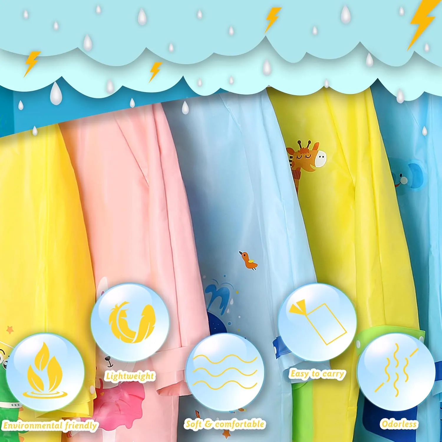 Kids Raincoat for Boys Girls Rain Poncho with Hood, Waterproof Reusable EVA Rainwear Toddler Cartoon 2-12 Years