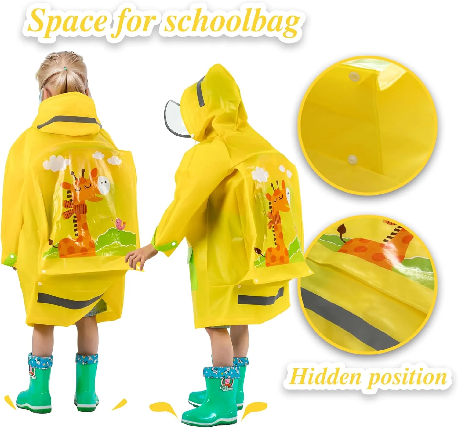 Kids Raincoat for Boys Girls Rain Poncho with Hood, Waterproof Reusable EVA Rainwear Toddler Cartoon 2-12 Years