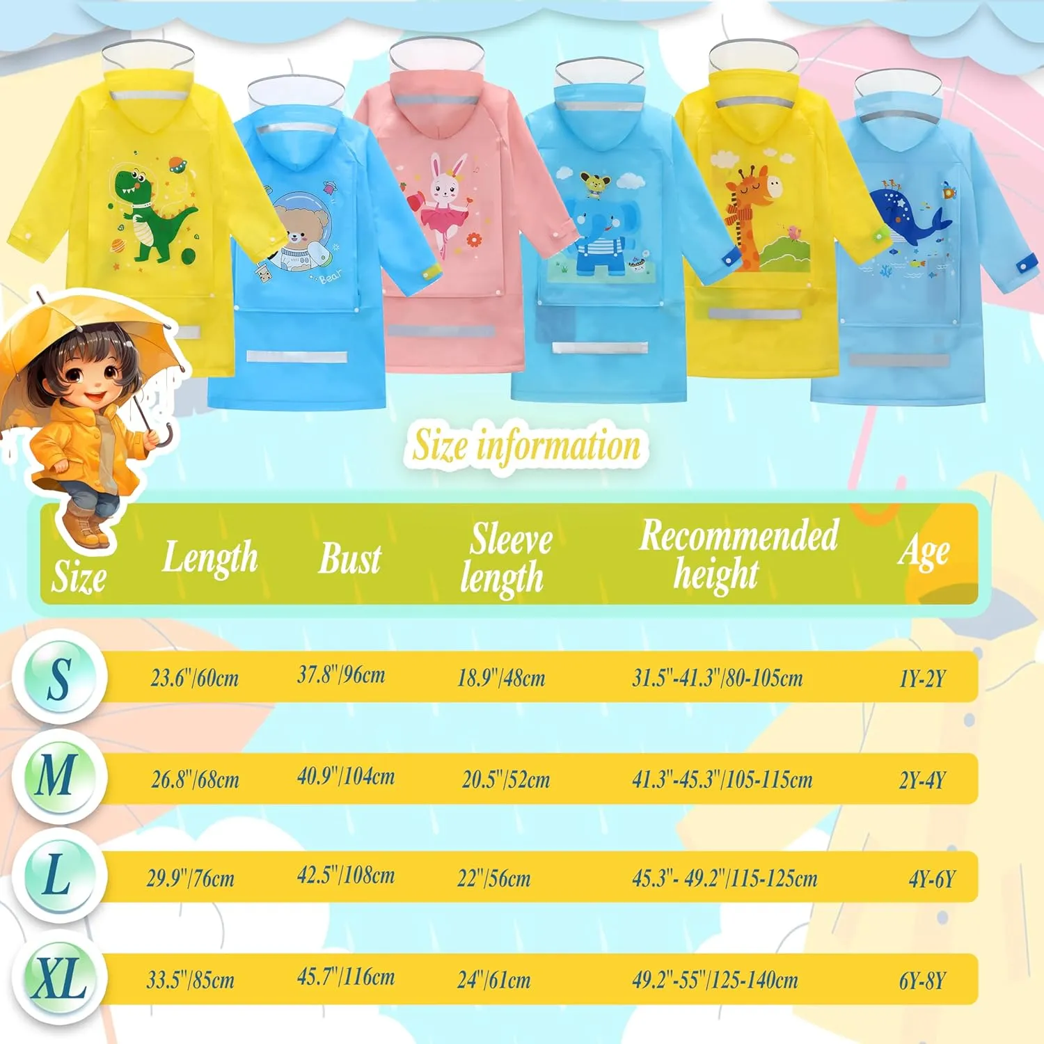 Kids Raincoat for Boys Girls Rain Poncho with Hood, Waterproof Reusable EVA Rainwear Toddler Cartoon 2-12 Years