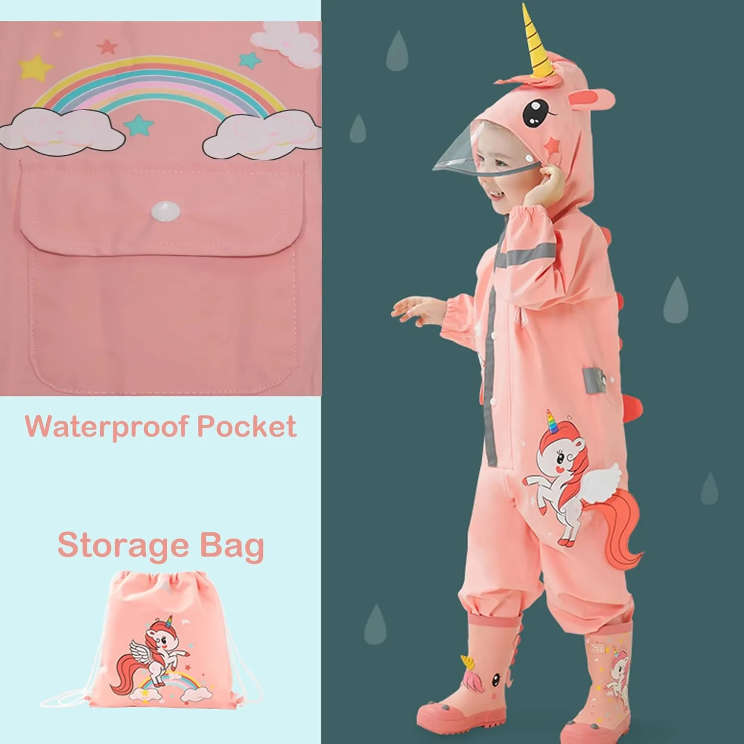 Kids Toddler Boys Girls Rain Suit Waterproof One Piece Coverall S-XL Size 1-6 Years