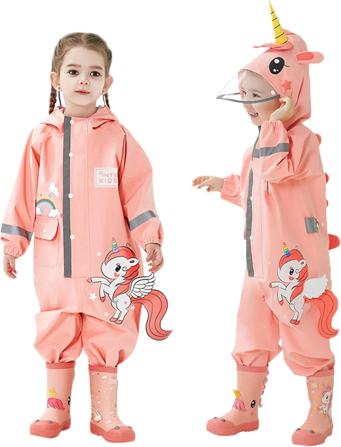 Kids Toddler Boys Girls Rain Suit Waterproof One Piece Coverall S-XL Size 1-6 Years