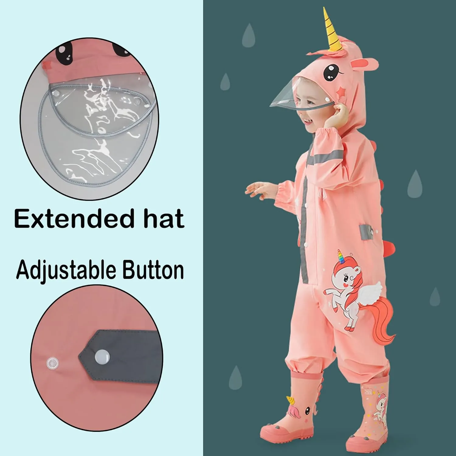Kids Toddler Boys Girls Rain Suit Waterproof One Piece Coverall S-XL Size 1-6 Years