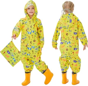 Kids Toddler Rain Suit for Boys Girls One Piece Hoodie Zipper Cartoon Waterproof Coverall Rain Jacket 1-10 Years