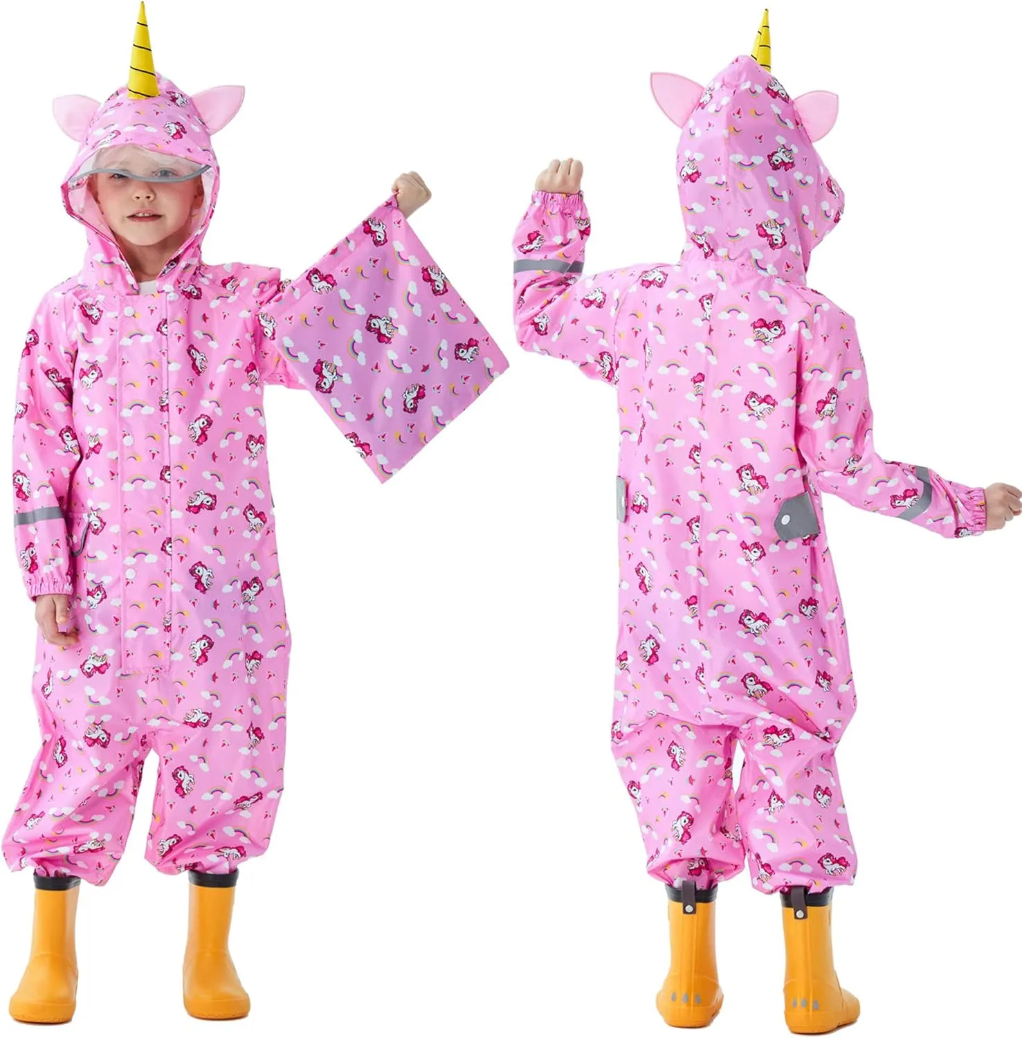 Kids Toddler Rain Suit for Boys Girls One Piece Hoodie Zipper Cartoon Waterproof Coverall Rain Jacket 1-10 Years