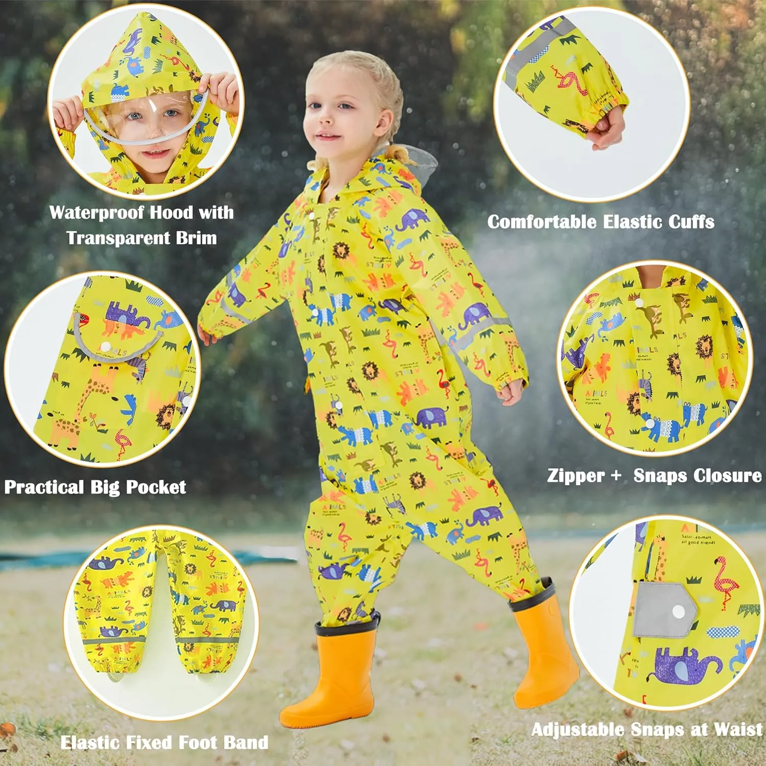 Kids Toddler Rain Suit for Boys Girls One Piece Hoodie Zipper Cartoon Waterproof Coverall Rain Jacket 1-10 Years