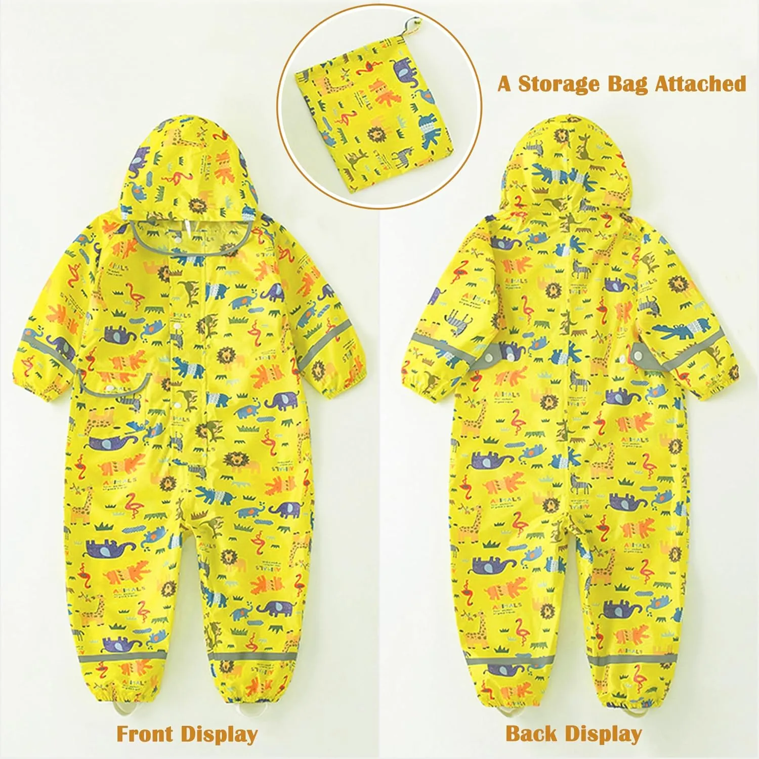 Kids Toddler Rain Suit for Boys Girls One Piece Hoodie Zipper Cartoon Waterproof Coverall Rain Jacket 1-10 Years
