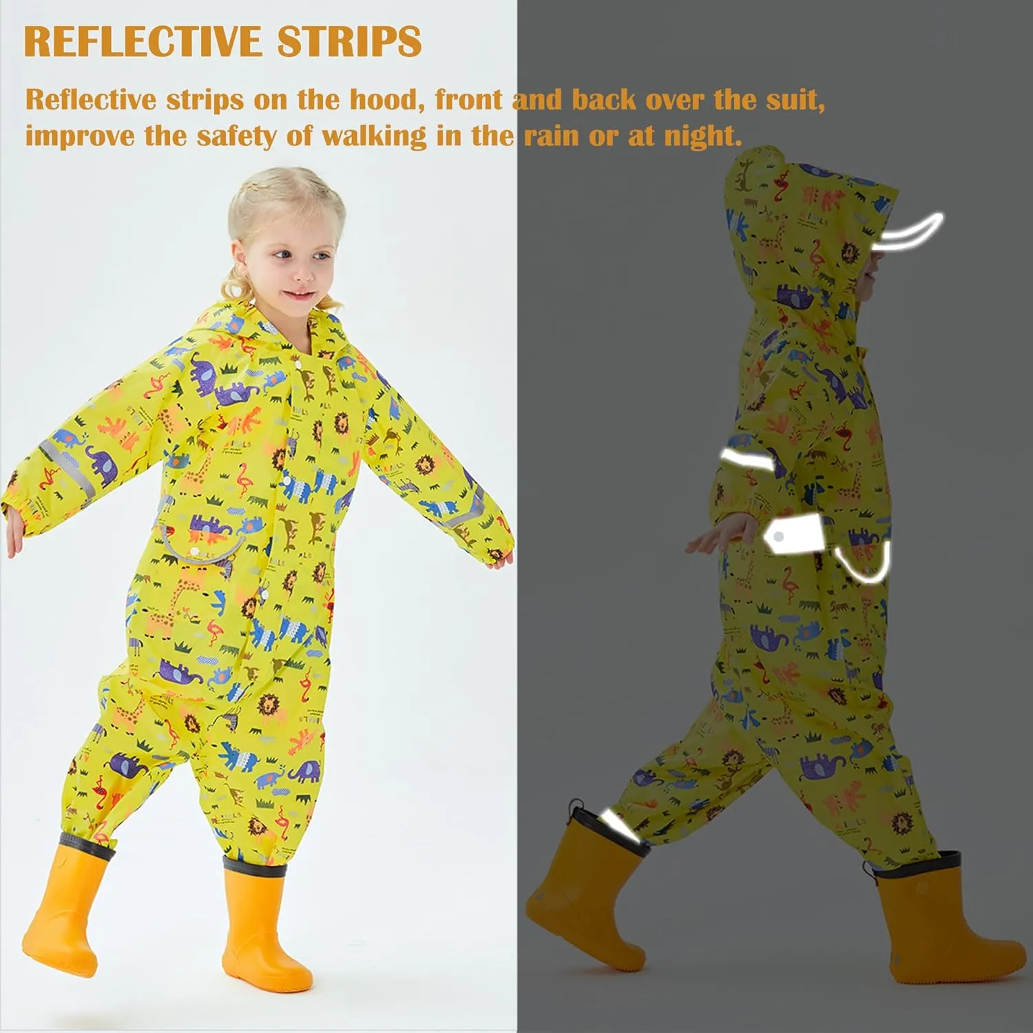 Kids Toddler Rain Suit for Boys Girls One Piece Hoodie Zipper Cartoon Waterproof Coverall Rain Jacket 1-10 Years