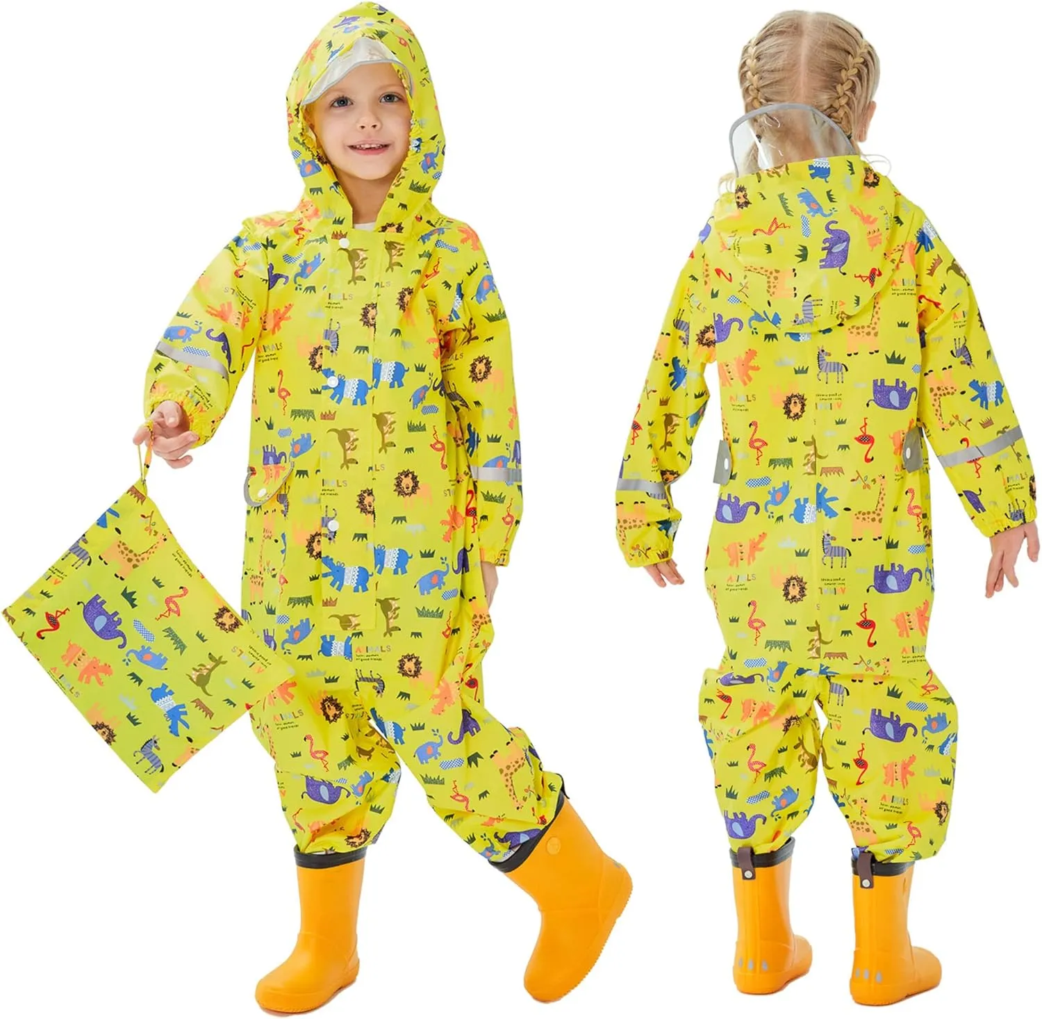 Kids Toddler Rain Suit for Boys Girls One Piece Hoodie Zipper Cartoon Waterproof Coverall Rain Jacket 1-10 Years