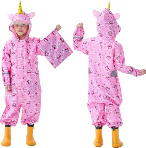 Kids Toddler Rain Suit for Boys Girls One Piece Hoodie Zipper Cartoon Waterproof Coverall Rain Jacket 1-10 Years