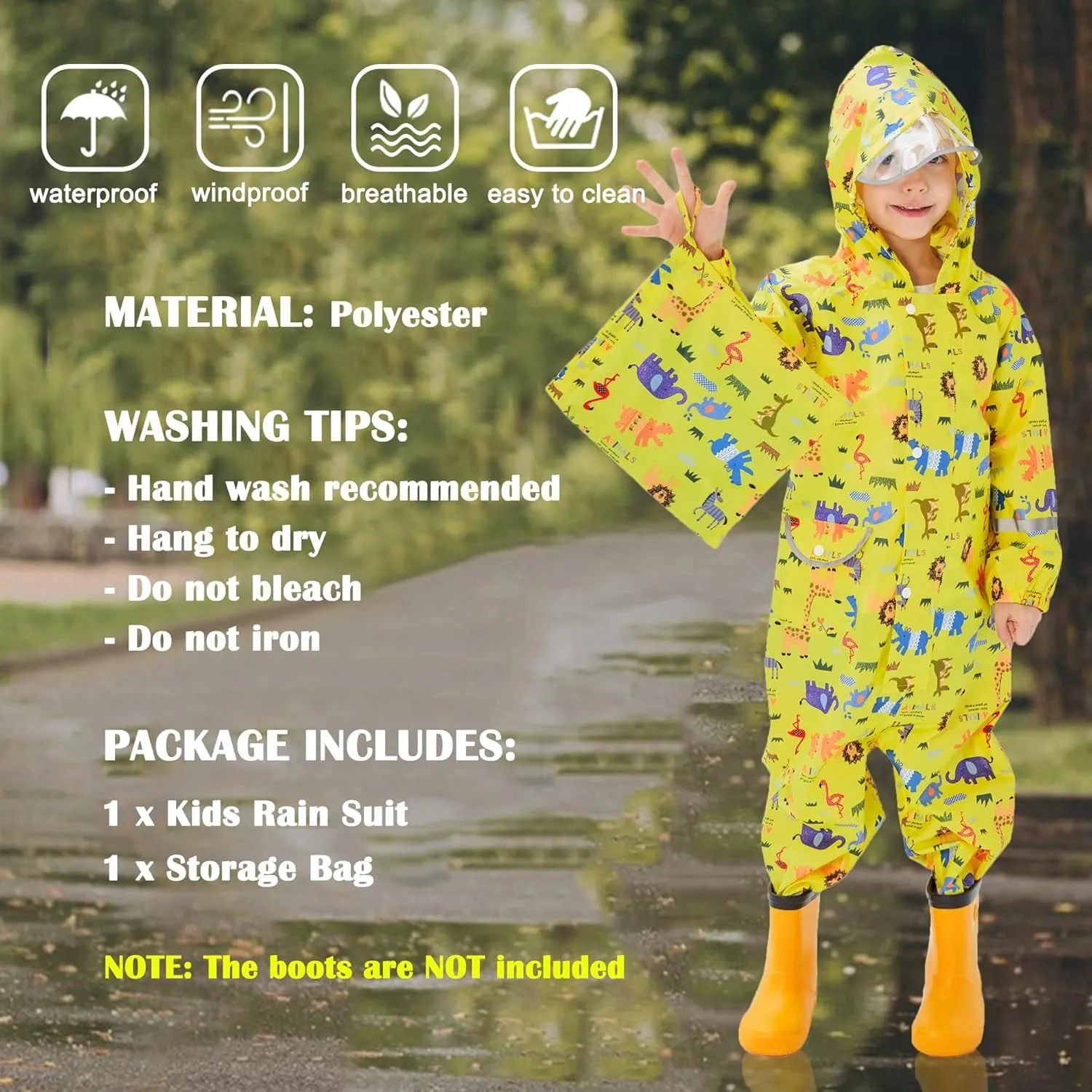 Kids Toddler Rain Suit for Boys Girls One Piece Hoodie Zipper Cartoon Waterproof Coverall Rain Jacket 1-10 Years