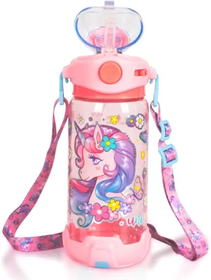 Kids Water Bottle with Straw/Lanyard for School Kids Girls Boys, 22oz BPA Free Child Drinking Water Bottle One-Click-Open Leak-Proof Locking Flip Lid for School Sport Travel