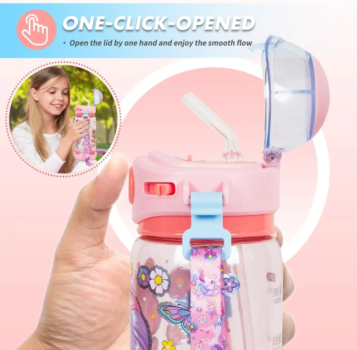 Kids Water Bottle with Straw/Lanyard for School Kids Girls Boys, 22oz BPA Free Child Drinking Water Bottle One-Click-Open Leak-Proof Locking Flip Lid for School Sport Travel
