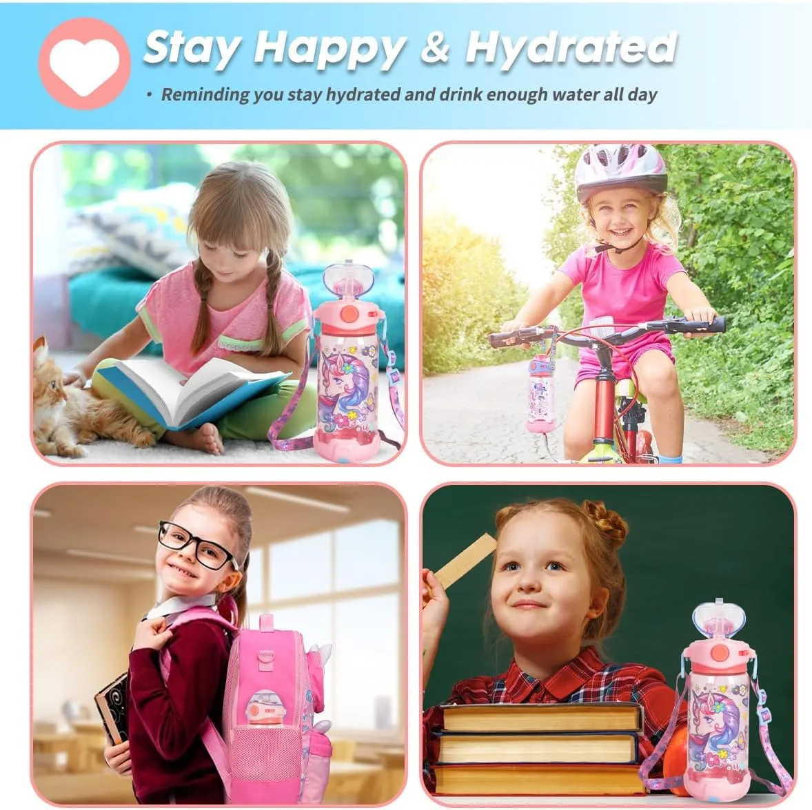 Kids Water Bottle with Straw/Lanyard for School Kids Girls Boys, 22oz BPA Free Child Drinking Water Bottle One-Click-Open Leak-Proof Locking Flip Lid for School Sport Travel
