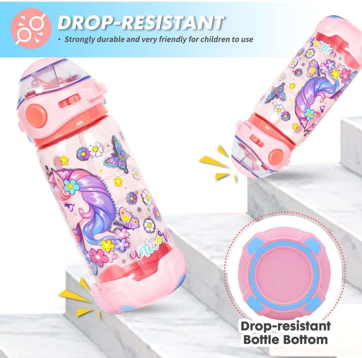 Kids Water Bottle with Straw/Lanyard for School Kids Girls Boys, 22oz BPA Free Child Drinking Water Bottle One-Click-Open Leak-Proof Locking Flip Lid for School Sport Travel