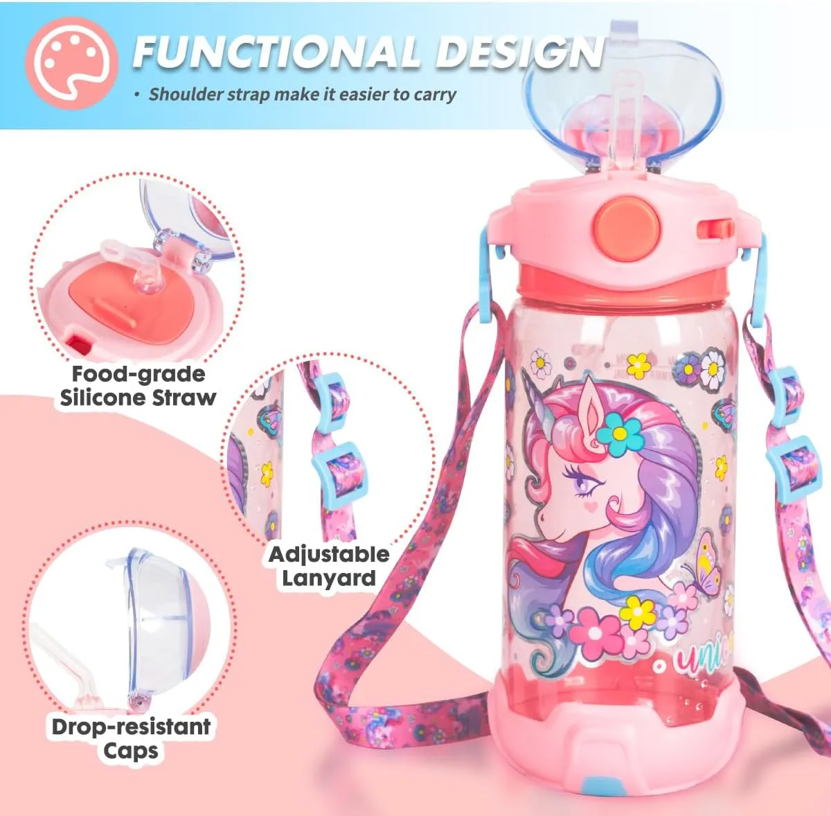 Kids Water Bottle with Straw/Lanyard for School Kids Girls Boys, 22oz BPA Free Child Drinking Water Bottle One-Click-Open Leak-Proof Locking Flip Lid for School Sport Travel