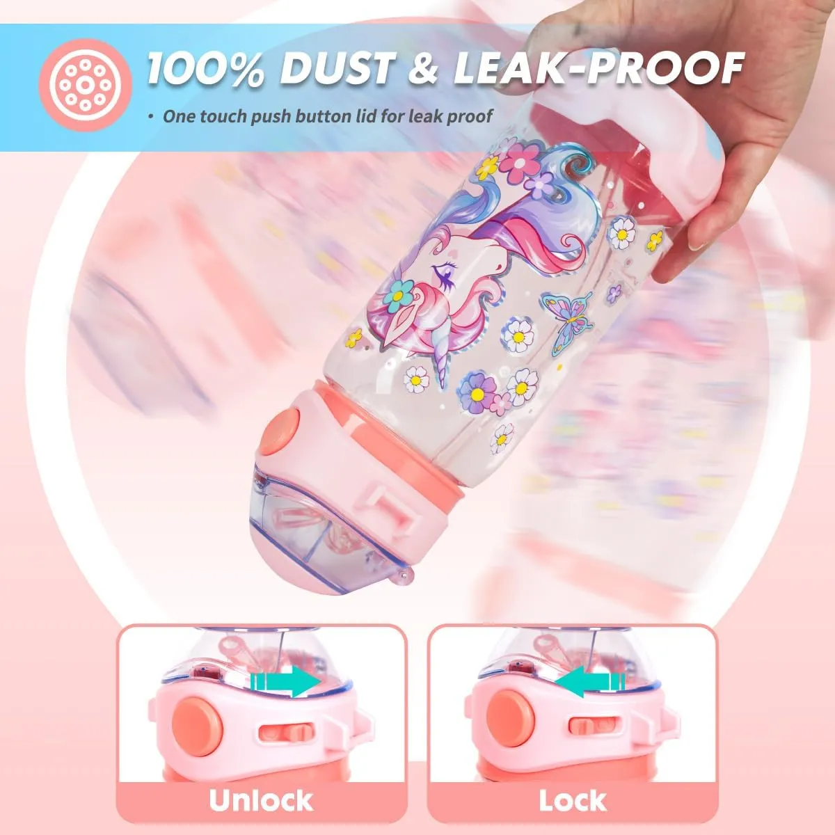 Kids Water Bottle with Straw/Lanyard for School Kids Girls Boys, 22oz BPA Free Child Drinking Water Bottle One-Click-Open Leak-Proof Locking Flip Lid for School Sport Travel