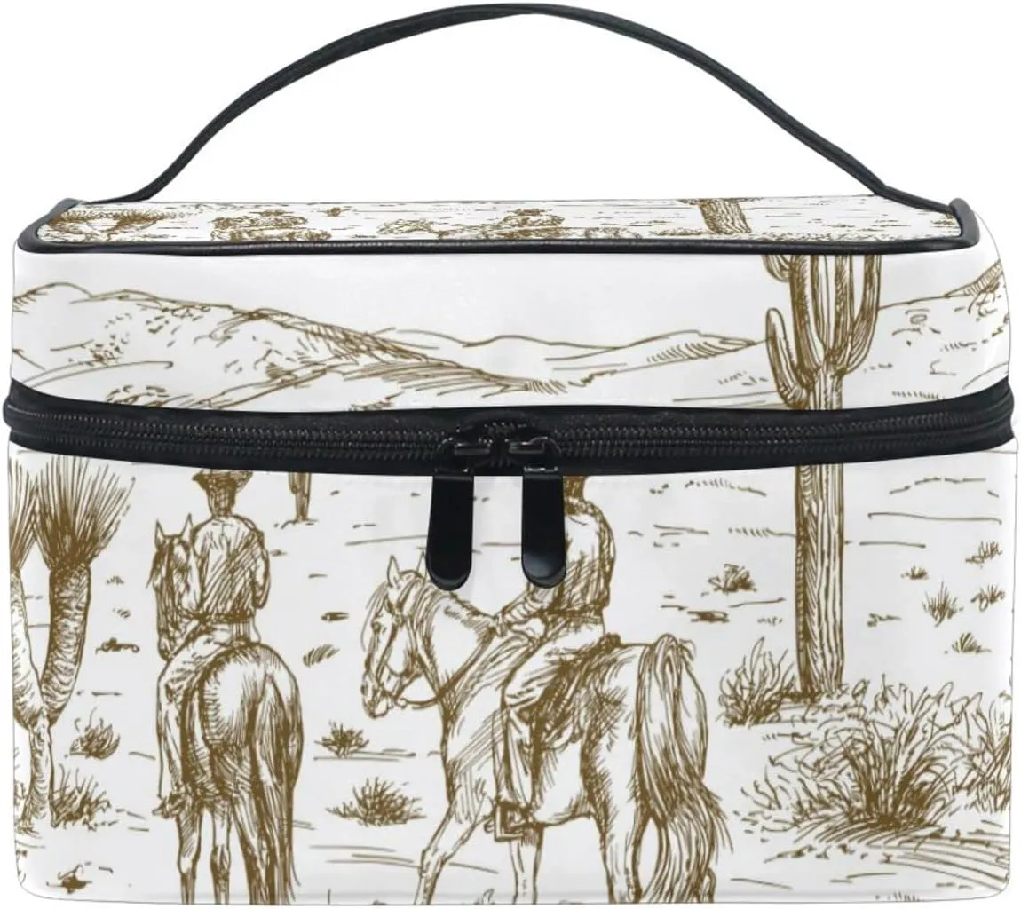 Kigai Western Desert Cowboys Travel Cosmetic Bag Case Large Portable Makeup Bag Organizer for Women Girls Top Handle Multifunction Toiletry Bags