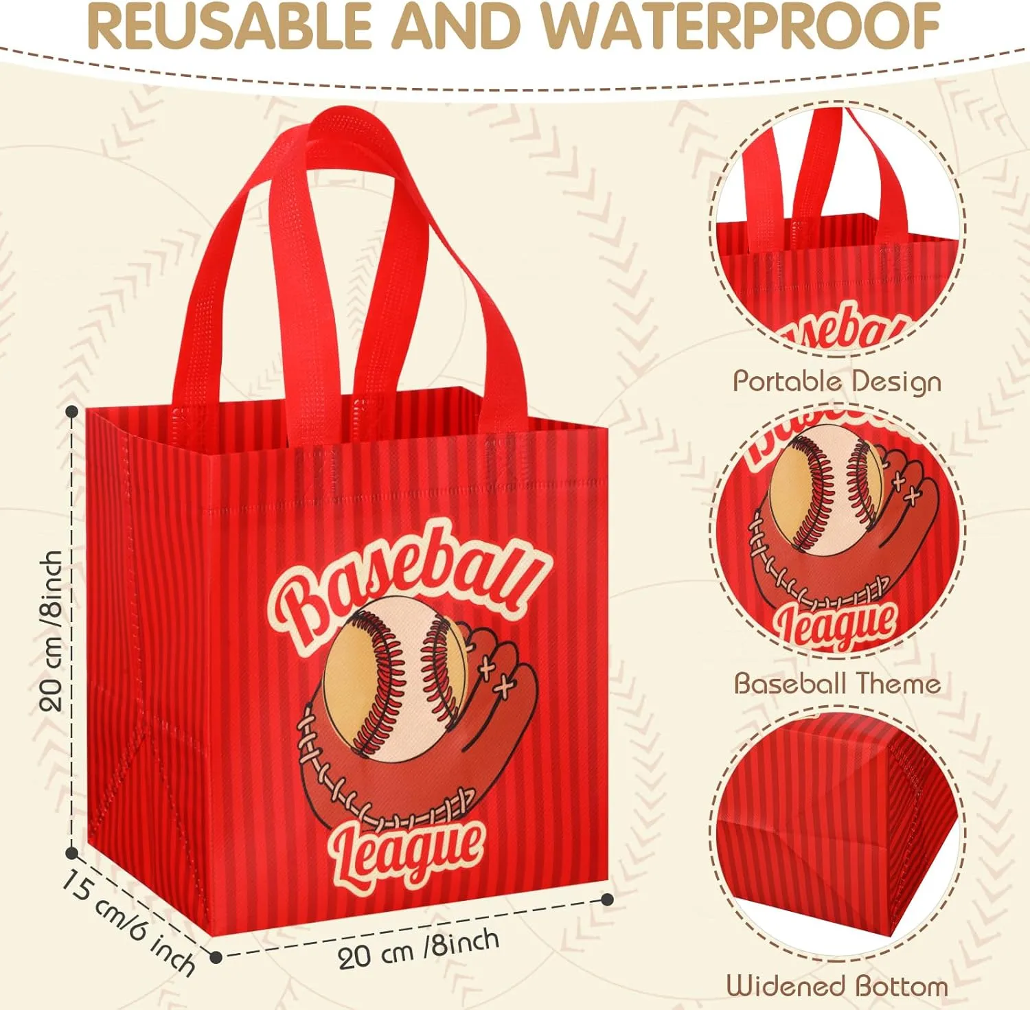 Kigeli 60 Pcs Baseball Party Gift Bags Baseball Goodie Treat Reusable Non Woven Gift Bags with Handles Snack Candy Bagsfor Team Party Birthday Supplies
