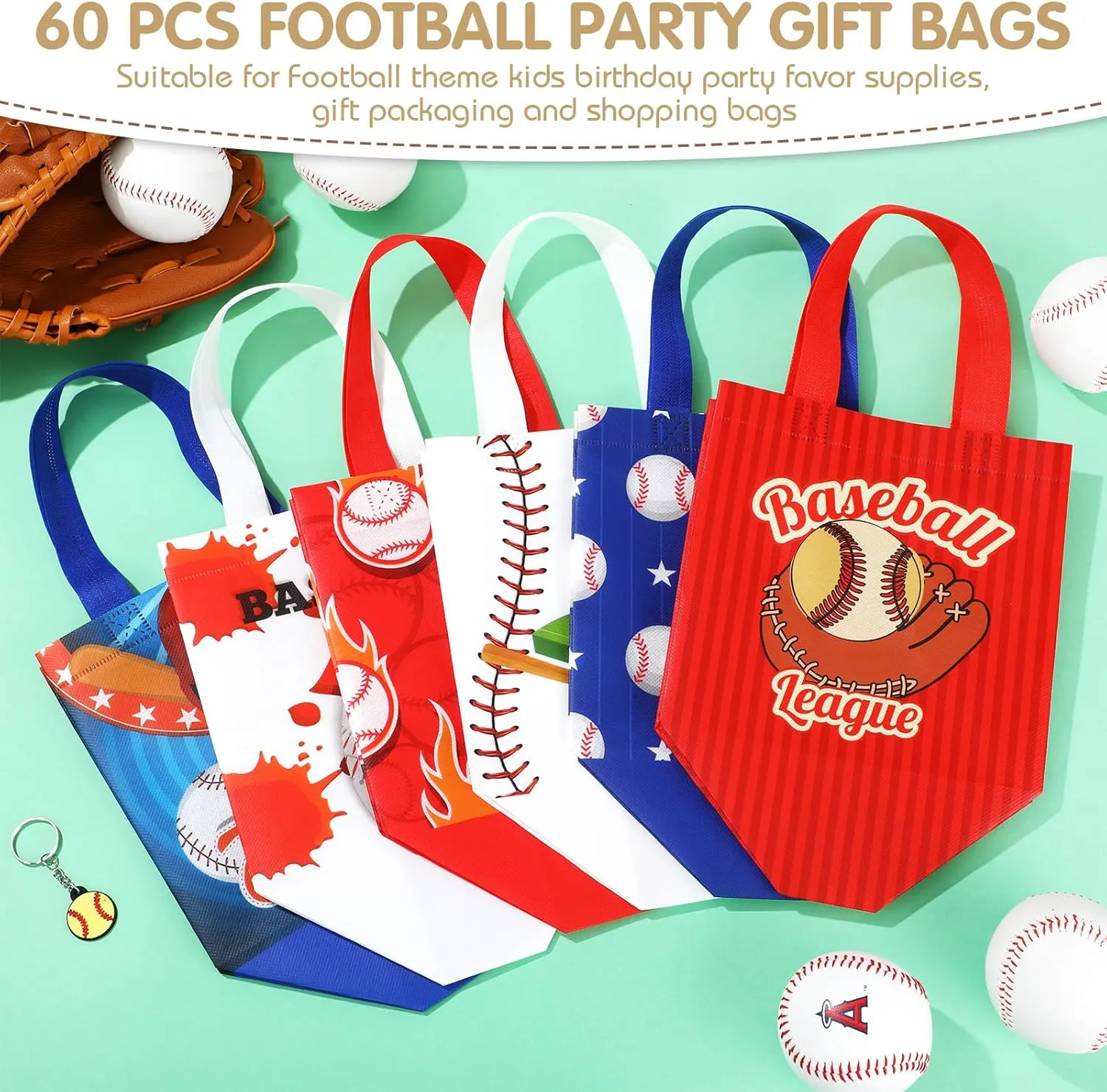 Kigeli 60 Pcs Baseball Party Gift Bags Baseball Goodie Treat Reusable Non Woven Gift Bags with Handles Snack Candy Bagsfor Team Party Birthday Supplies
