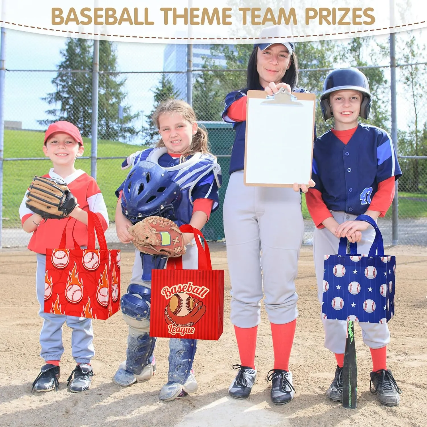 Kigeli 60 Pcs Baseball Party Gift Bags Baseball Goodie Treat Reusable Non Woven Gift Bags with Handles Snack Candy Bagsfor Team Party Birthday Supplies