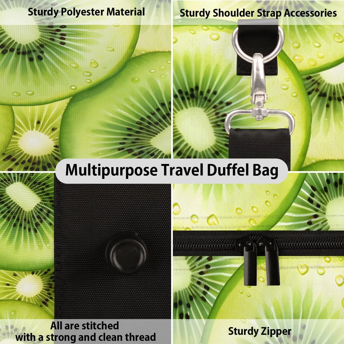 Kiwifruit Travel Duffle Bag, Sports Gym Bags for Women Men, Carry On Weekender Overnight Bag, Summer Tropical Fruits Green Workout Hospital Airplane Trips Bag