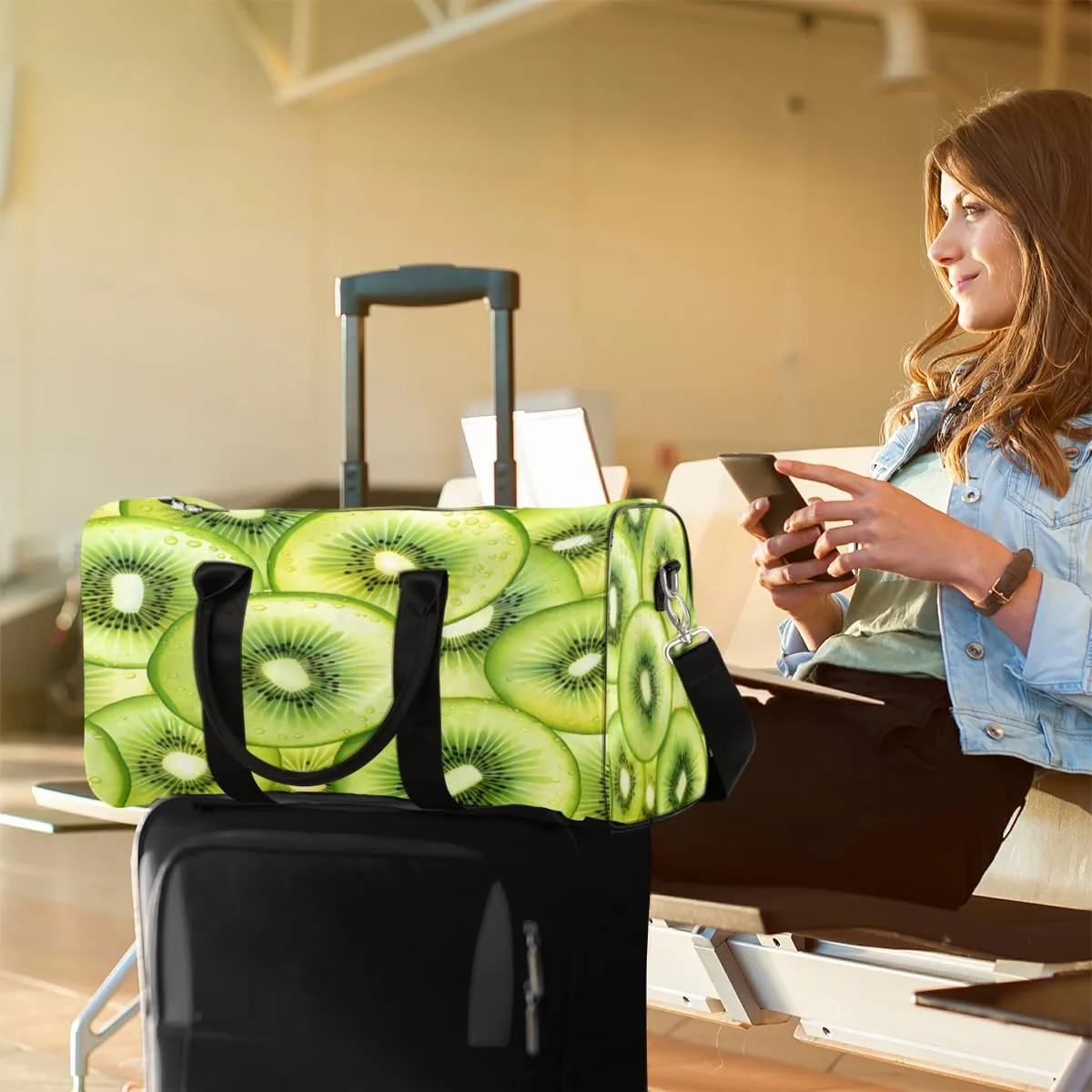 Kiwifruit Travel Duffle Bag, Sports Gym Bags for Women Men, Carry On Weekender Overnight Bag, Summer Tropical Fruits Green Workout Hospital Airplane Trips Bag