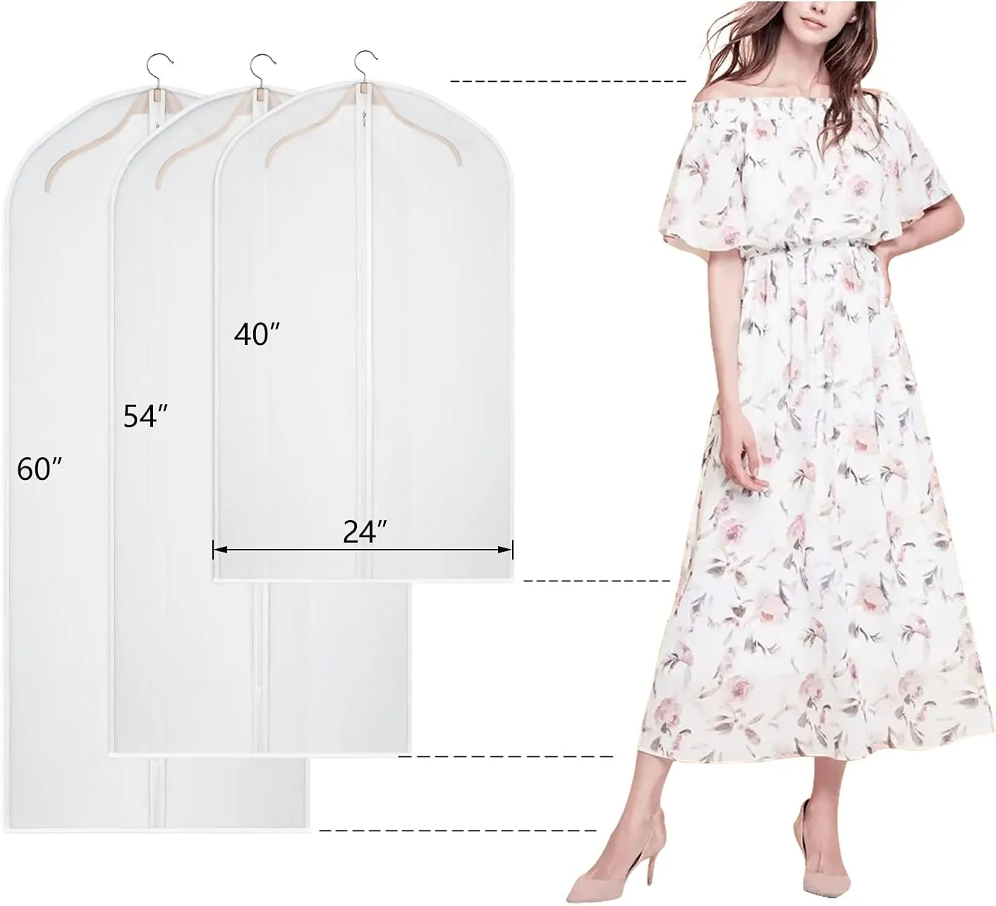 Kntiwiwo 60'' Garment Bags Dress Bag for Storage (Set of 12) Dust-Proof Suit Protector Cover Bag with Zipper for Long Dresses, Suit, Coat Closet Clothes Storage
