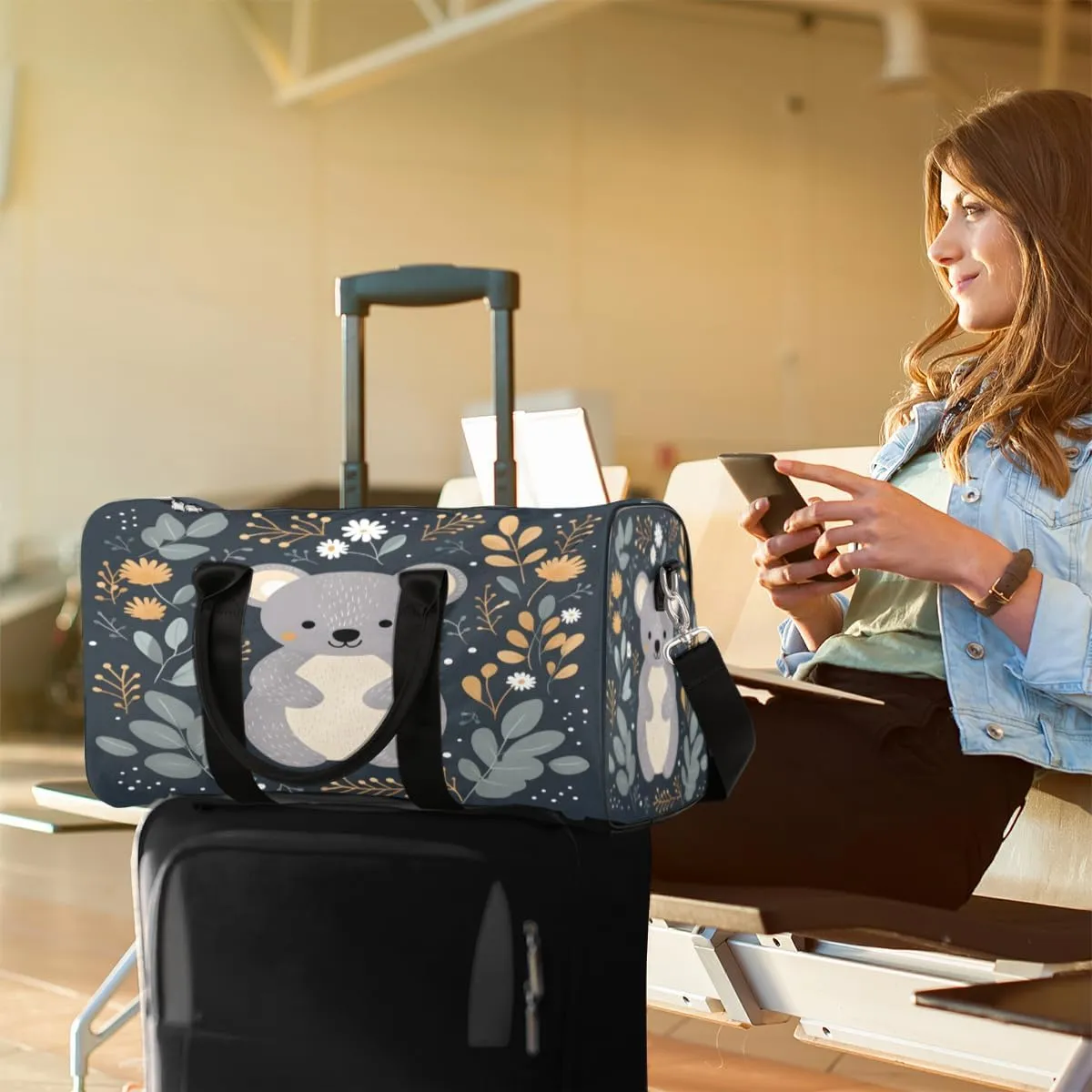 Koala Travel Duffle Bag, Sports Gym Bags for Women Men, Carry On Weekender Overnight Bag, Cartoon Koala Workout Hospital Airplane Trips Bag