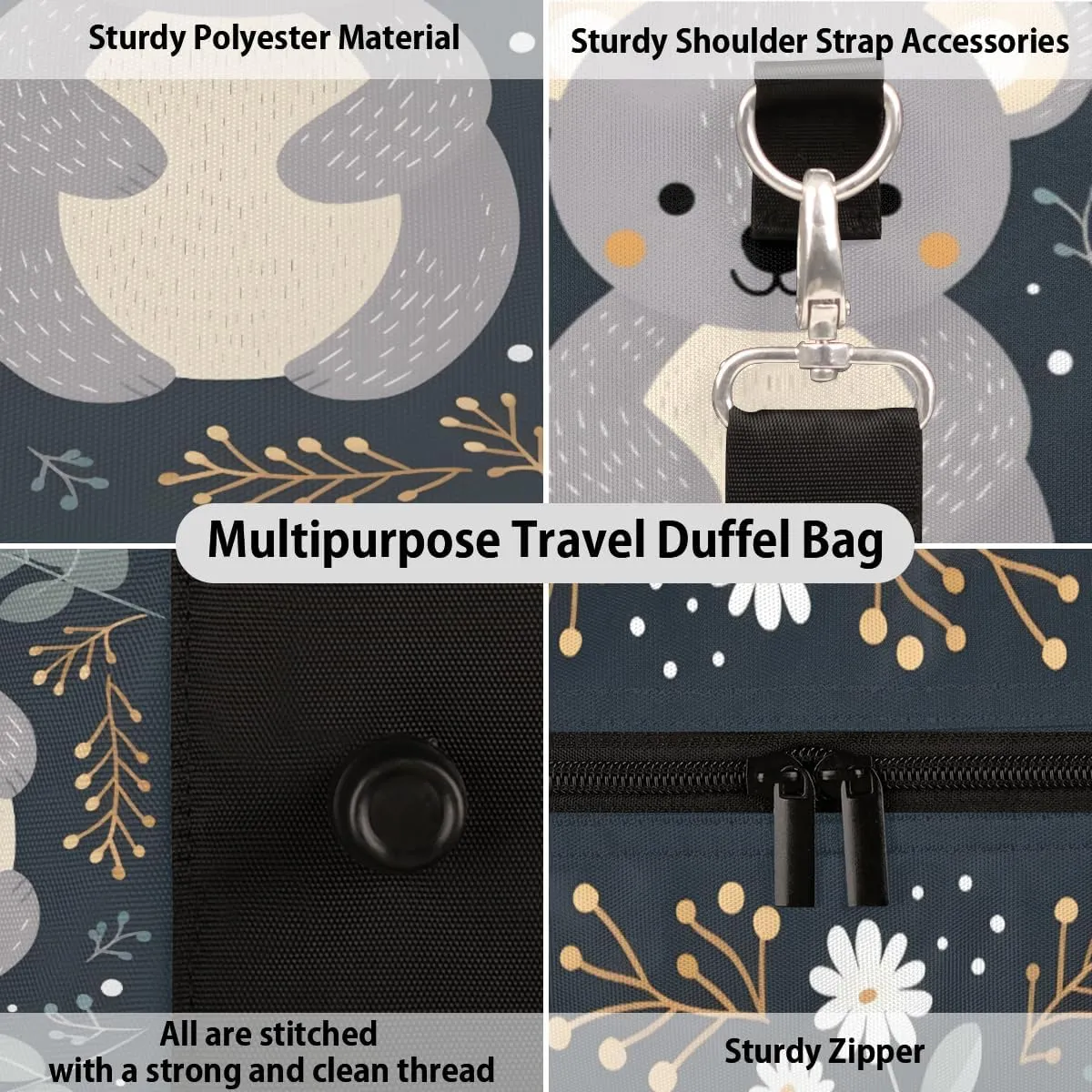 Koala Travel Duffle Bag, Sports Gym Bags for Women Men, Carry On Weekender Overnight Bag, Cartoon Koala Workout Hospital Airplane Trips Bag