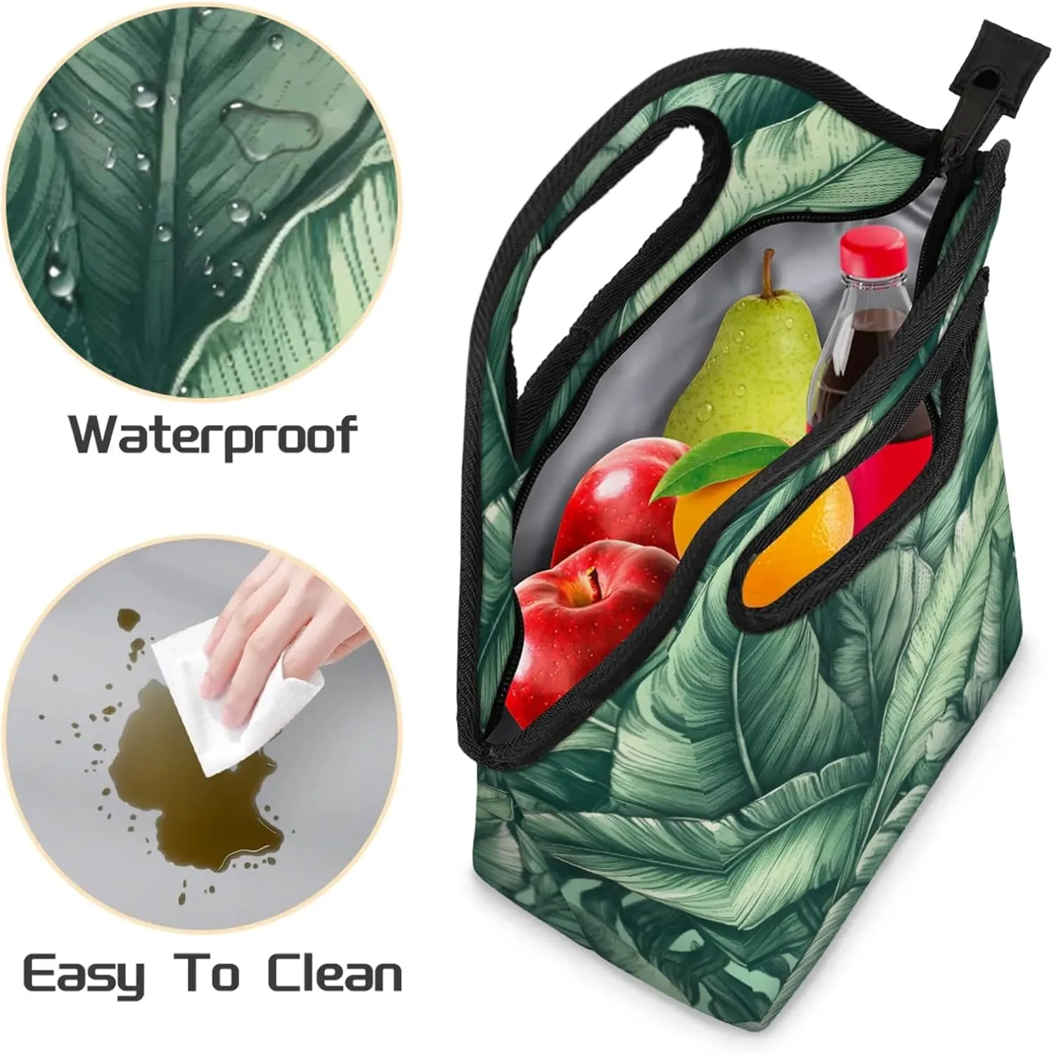 KOBLEN Tropical Leaf Symphony Portable Insulated Lunch Bag for Adults, Oxford Thermal Food Tote Leakproof Reusable Meal Bag for Picnic, Hiking, Travel (7.5x4.7x11.2 Inch)