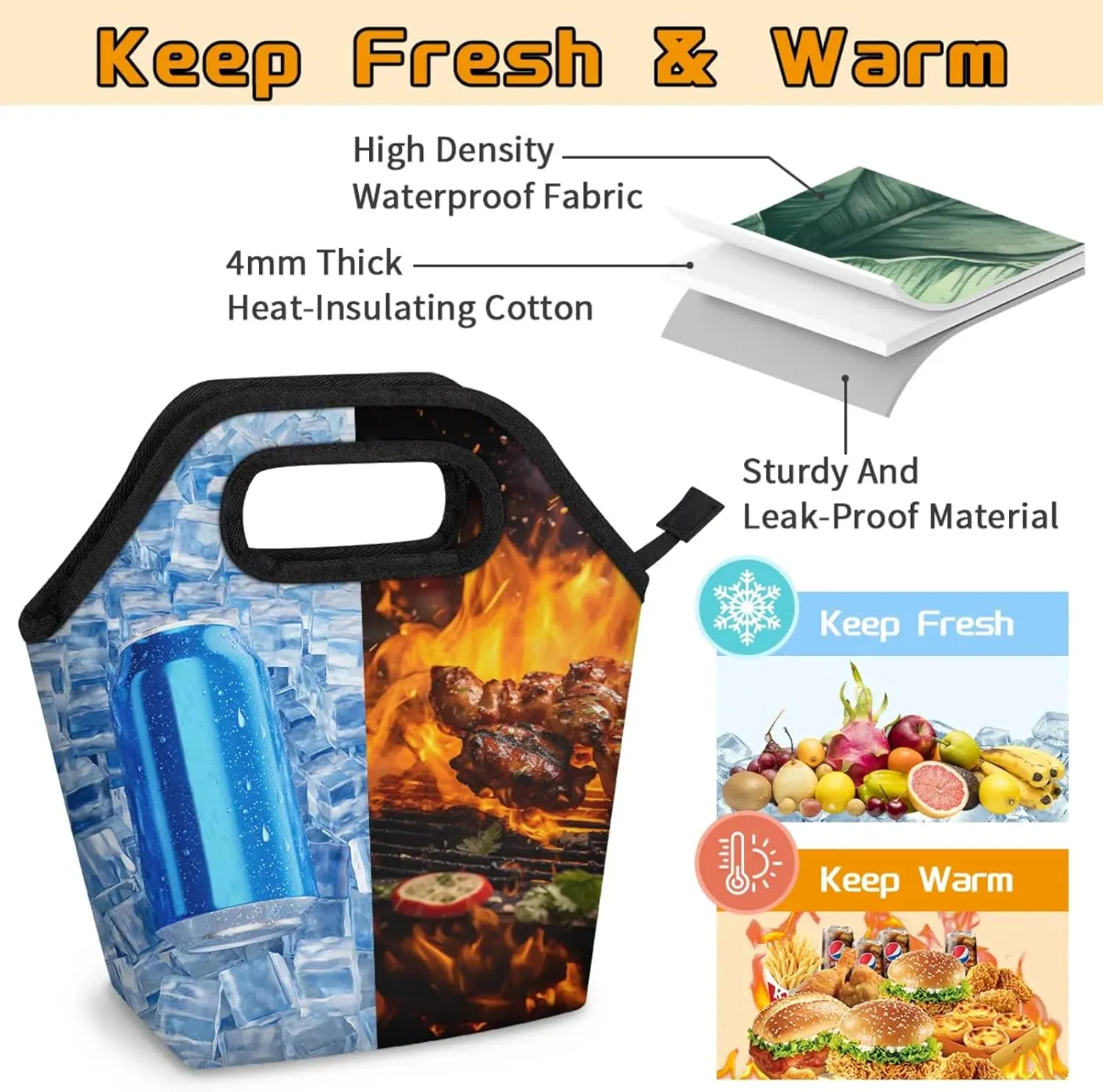 KOBLEN Tropical Leaf Symphony Portable Insulated Lunch Bag for Adults, Oxford Thermal Food Tote Leakproof Reusable Meal Bag for Picnic, Hiking, Travel (7.5x4.7x11.2 Inch)