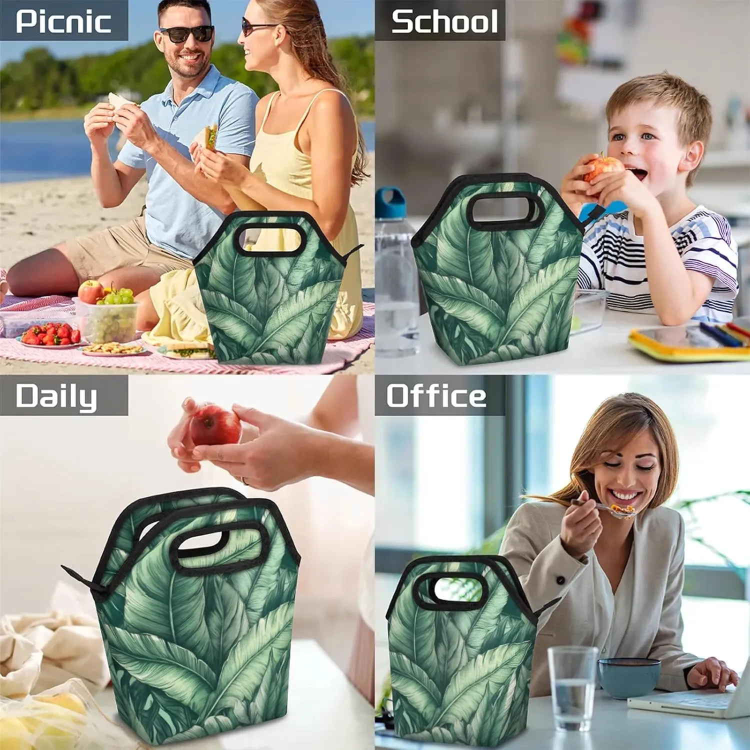 KOBLEN Tropical Leaf Symphony Portable Insulated Lunch Bag for Adults, Oxford Thermal Food Tote Leakproof Reusable Meal Bag for Picnic, Hiking, Travel (7.5x4.7x11.2 Inch)