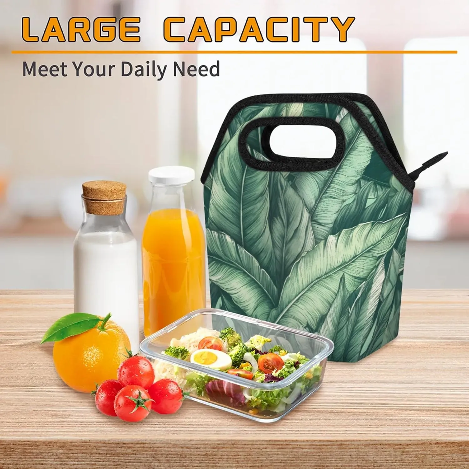 KOBLEN Tropical Leaf Symphony Portable Insulated Lunch Bag for Adults, Oxford Thermal Food Tote Leakproof Reusable Meal Bag for Picnic, Hiking, Travel (7.5x4.7x11.2 Inch)