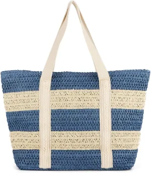 KUANG! Large Straw Beach Bag for women Stripes Woven Straw Tote Bag Summer Handbag Shoulder Bag
