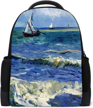 Kuizee Classic Backpack Adjustable Padded Shoulder Straps Daypack ﻿Post Impressionist Oil Painting Sailing Sea Nautical Book Bag Casual Bags Durable College School Daily 16Inch